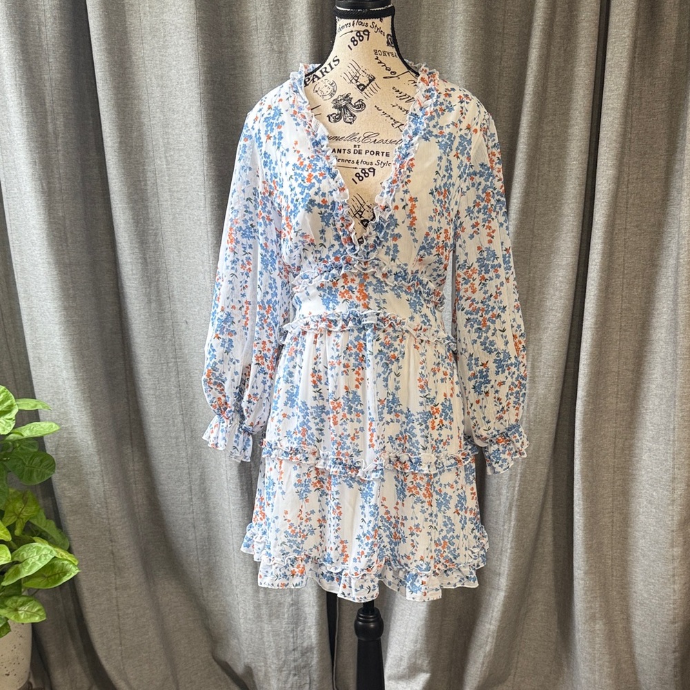 Floral Ruffle Mini Dress in Blue and Orange